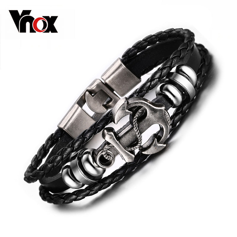 Onwijs Vnox Vintage Anker Armband Black Leather Charm Armbanden Mannen SW-94