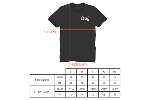 House of gog t-shirt - size chart
