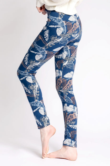 Women Leggings Size 2-12 Blue Paisley Print Tights Soft Stretchy Pants