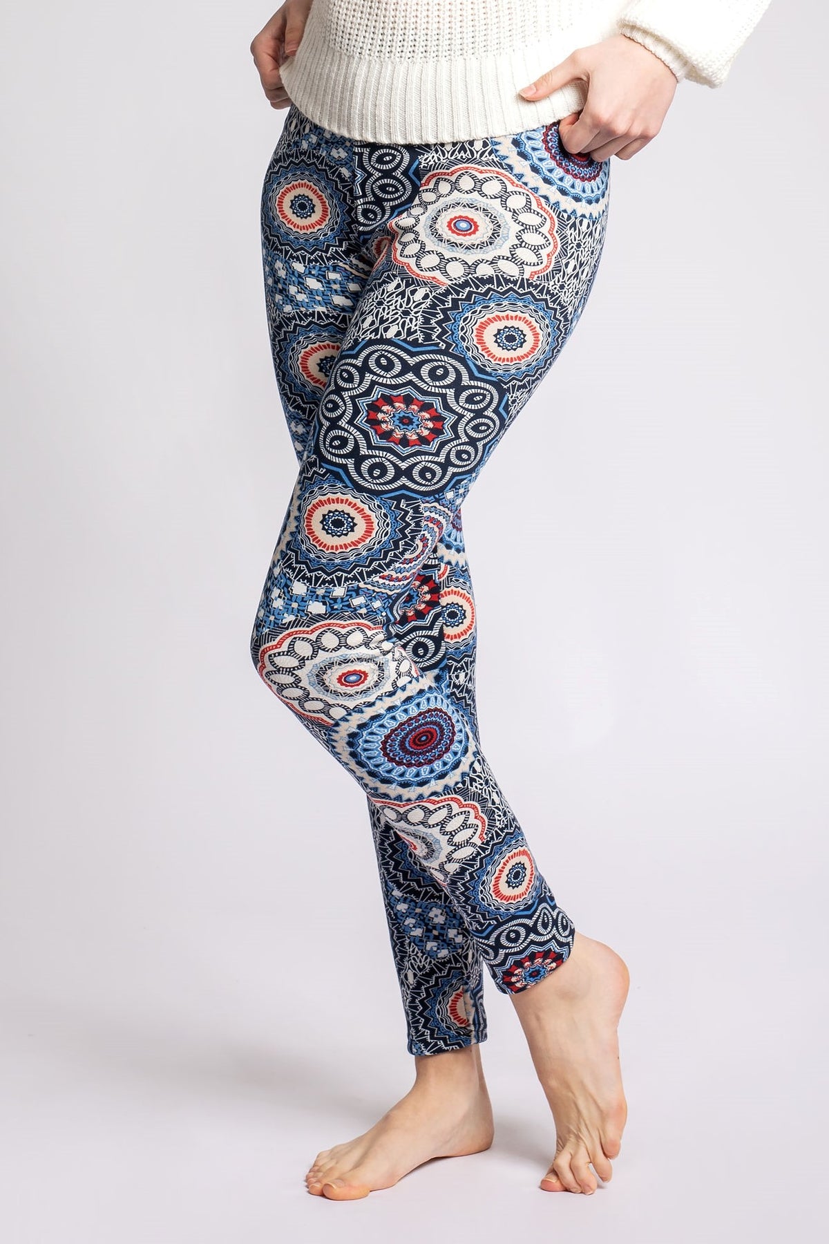 Just Cozy Pants Womens One Size Blue Fair Isle Pattern Fleece Lined Leggings