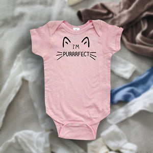 Baby Bodysuit with Print: I'm Purrrfect Cat Face 