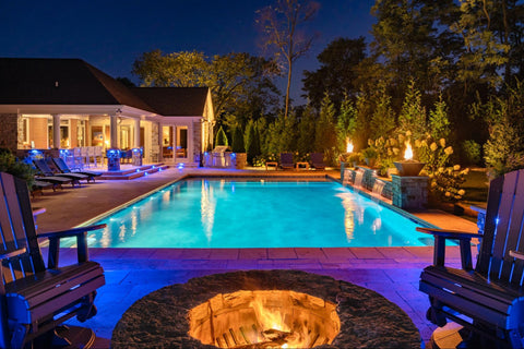 backyard outdoor lighting with fire pit lights and pool lights