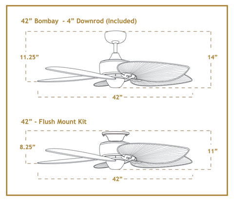 Dimensiones del ventilador de techo Bombay de 42 pulgadas