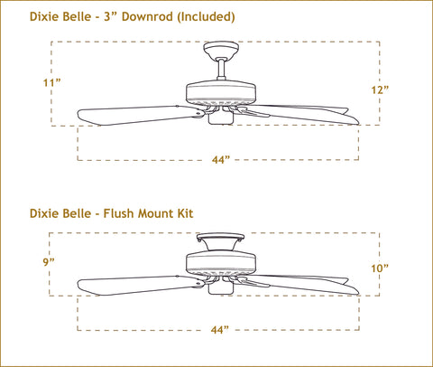 Dimensiones del ventilador de techo Dixie Belle de 44 pulgadas