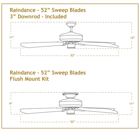 Dimensiones del ventilador de techo Raindance de 52 pulgadas