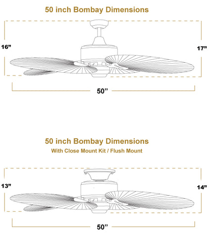 Dimensiones del ventilador de techo Bombay de 50 pulgadas