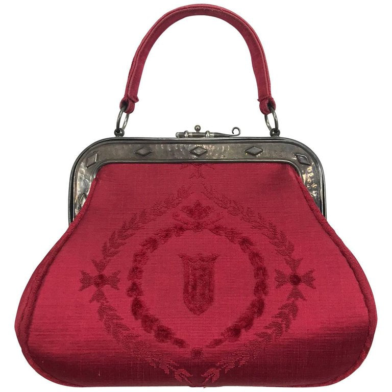 Roberta di Camerino red silk cut velvet metal frame handbag – Palm