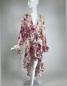 Roberto Cavalli Floral Silk Plunge Neck Dip Hem Ruffle Gypsy Dress L