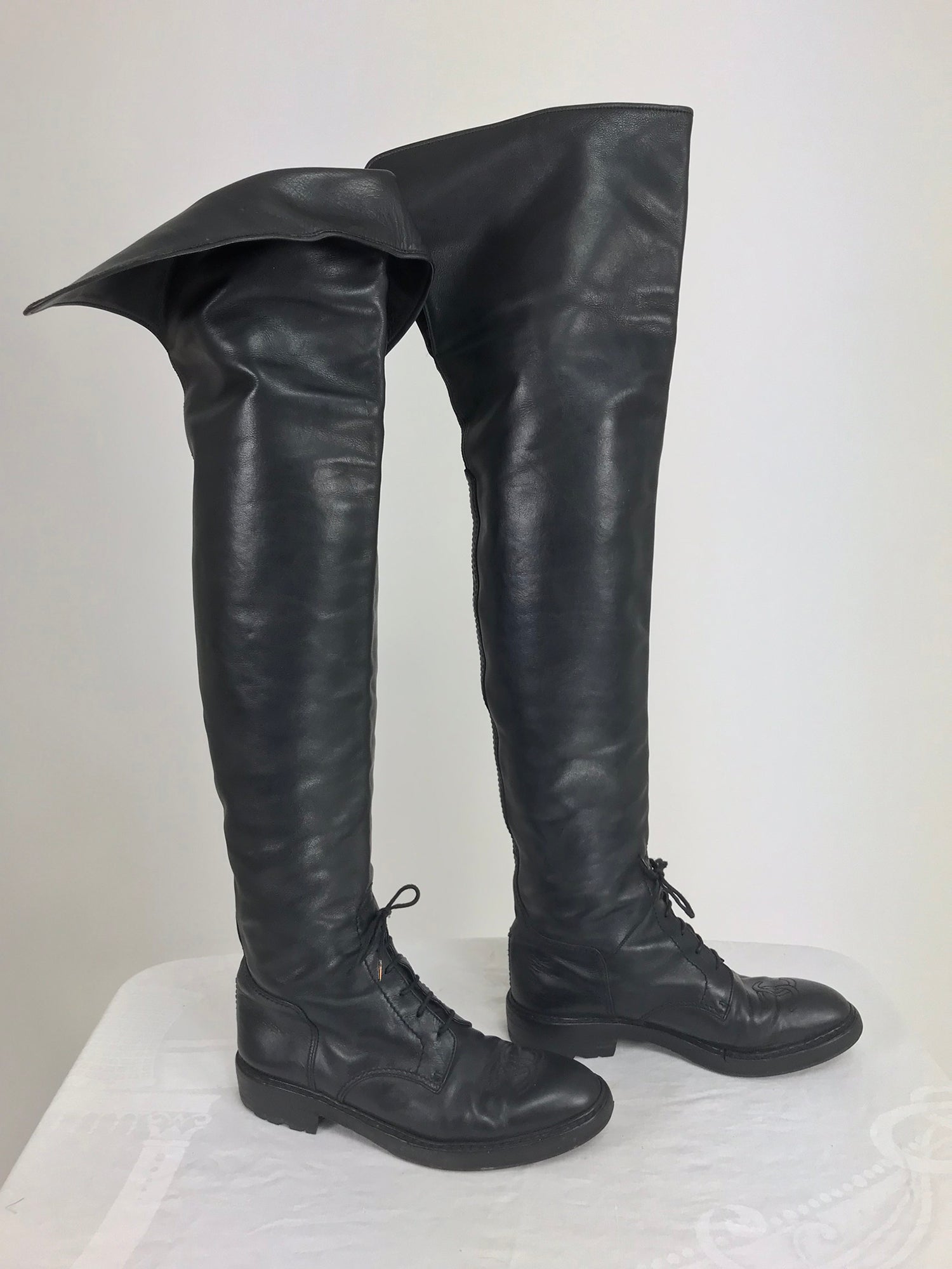 SOLD Chanel Over the knee black leather riding boots Claudia Schiffer ...