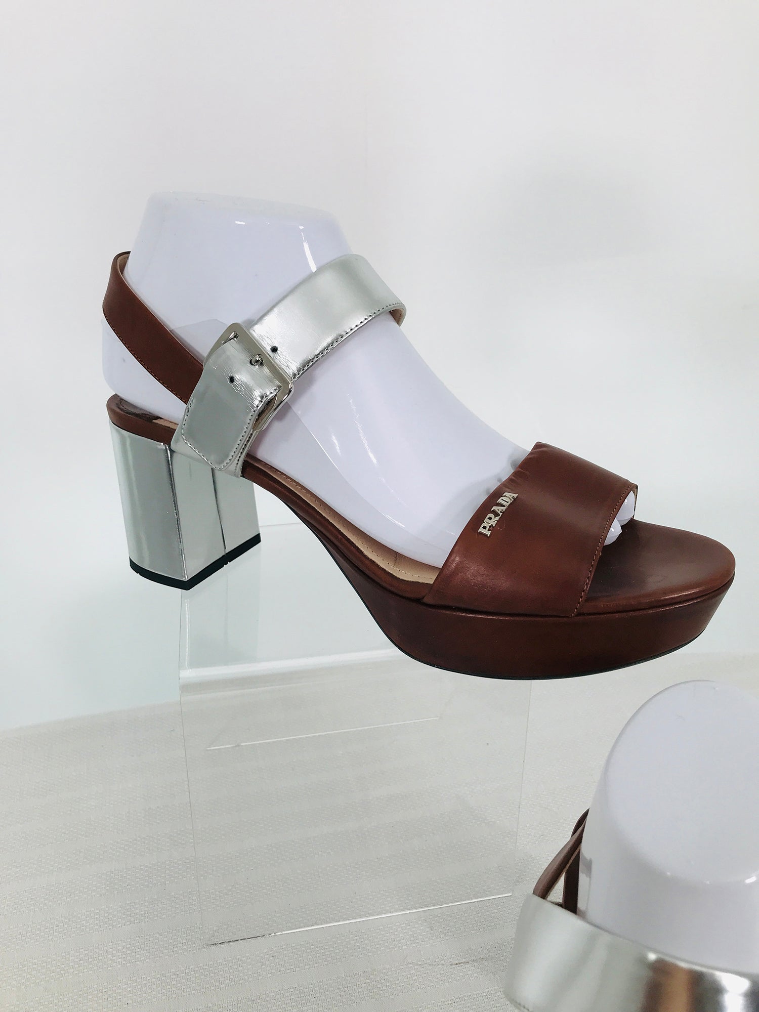 Prada Ankle Strap Open Toe Platform Sandals Silver Lamé 39 – Palm Beach  Vintage