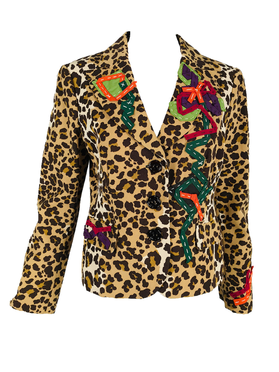 SOLD Vintage Moschino Leopard Print Faille Ribbon Applique Jacket 1990 ...