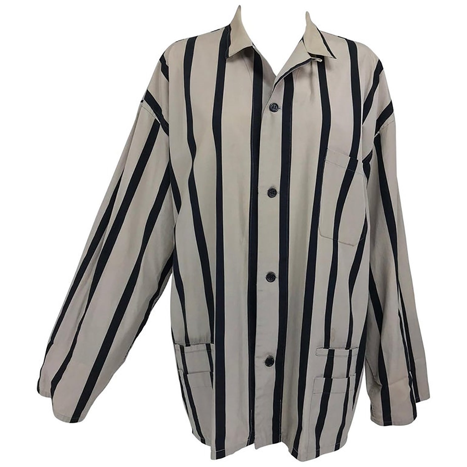 Yohji Yamamoto Mens Black and Taupe Cotton Stripe Button Front