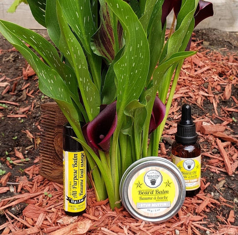 Nickel City Beard Blend products next to a Calla Lily Plant