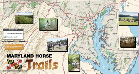 map of trail heads for horseback trail riding in and around the state of Maryland, supplied by the Maryland Horse Industry Board