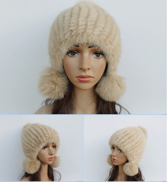 Casquette,Bonnet d'hiver en vraie fourrure de vison pour femme,bonnet  tricoté à la mode,sortie - Type Black - Fit head 50--62CM