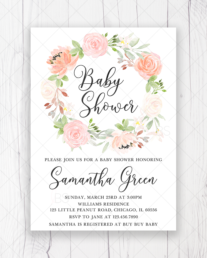 peach and pink floral baby shower invitation printable