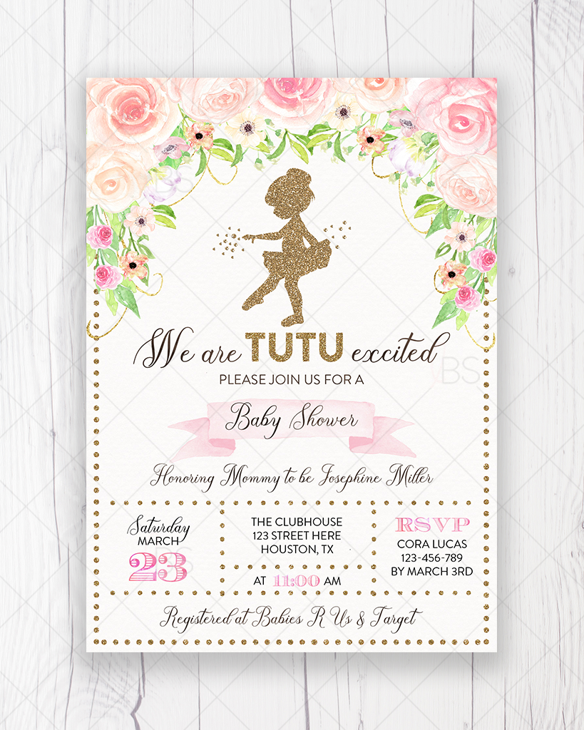 pink and gold floral tutu ballerina baby shower invitation printable