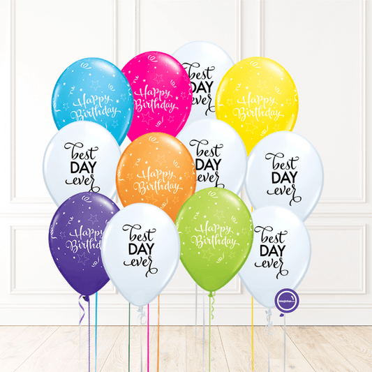 12 globos inflados con helio -Feliz cumpleaños y caritas con besitos