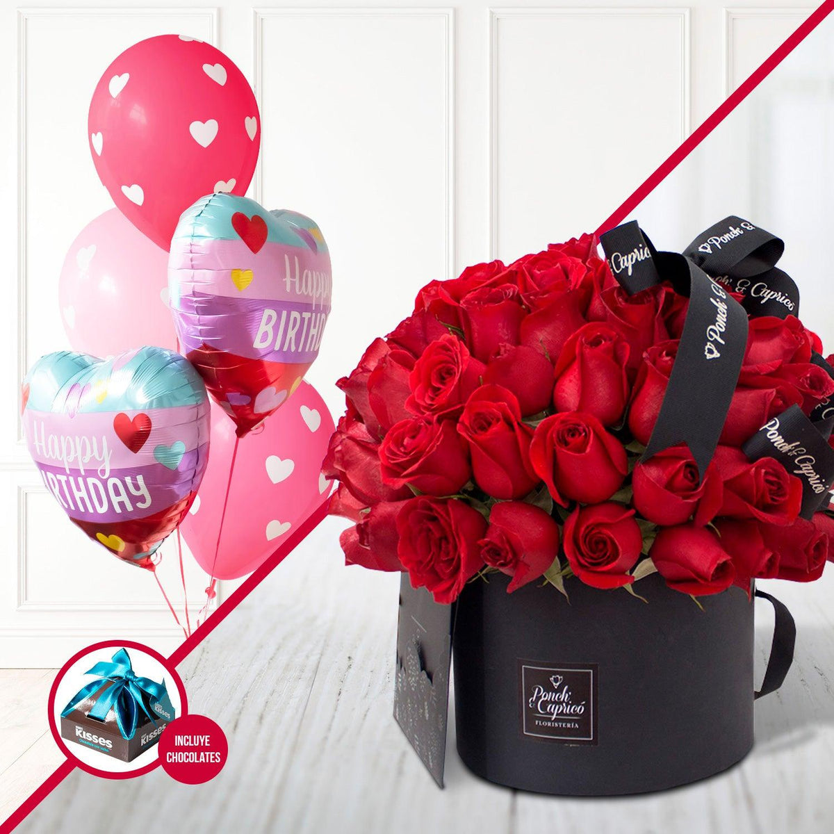 60 Rosas Rojas en Caja Domo + Bouquet de Globos Happy Birthday Love -S —  Ponch' & Capricó