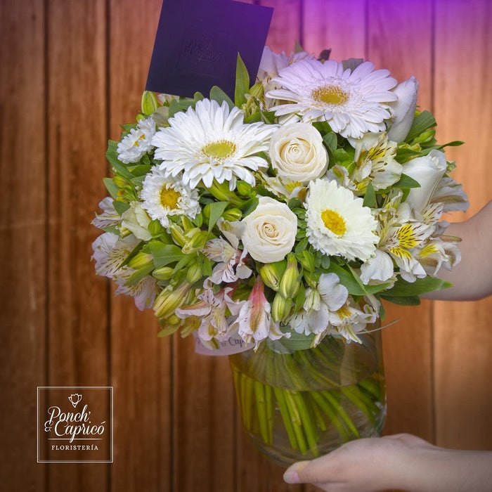 Arreglo floral de Rosas Blancas, Gerberas y Alstromelia -GI008- — Ponch' &  Capricó