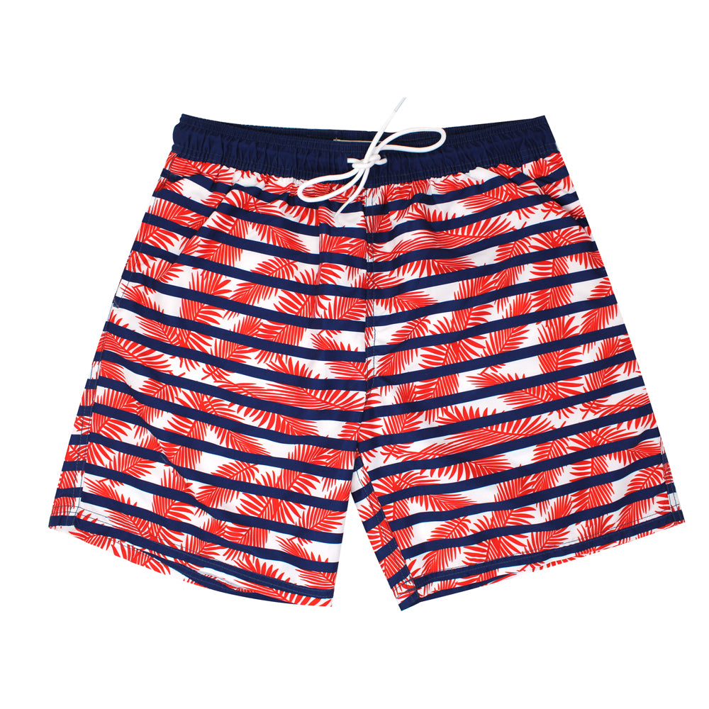 Navy and Red Leaf Print Swim Shorts