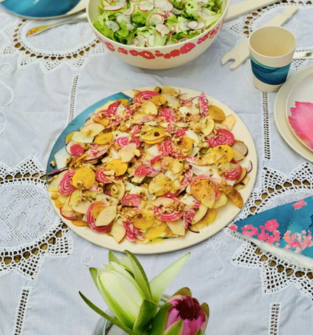 Colourful salad on bamboo platter