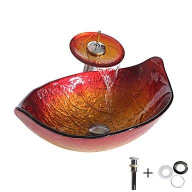 Catrise Rectangular Glass Vessel Sink Red Orange Faucet Set