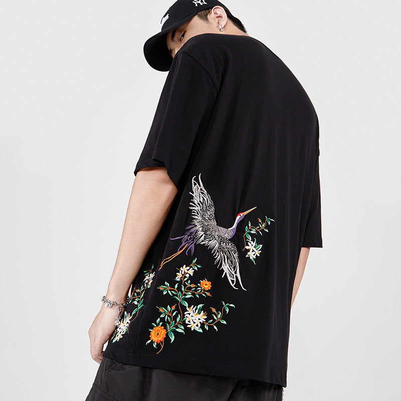 Butterfly & Crane Embroidery T-shirt