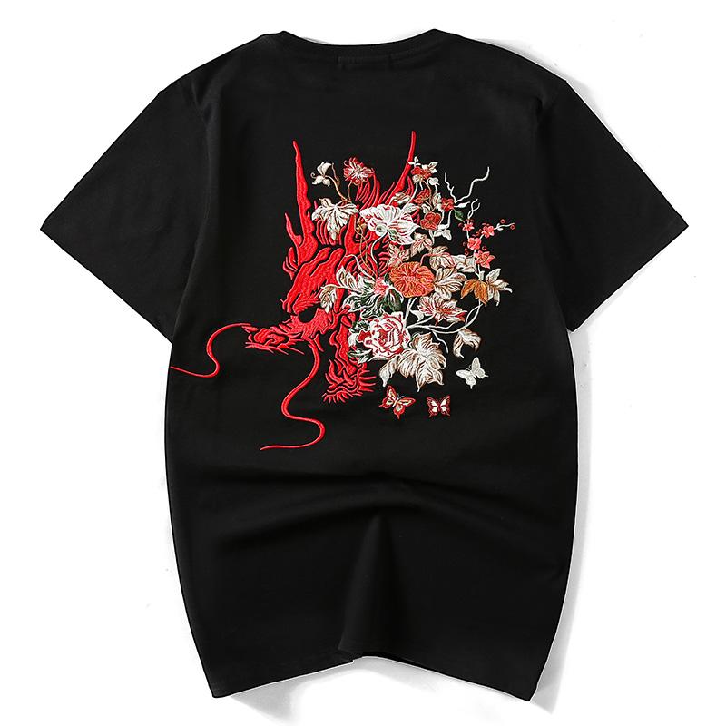 Dragon in Flowers Embroidery T-shirt