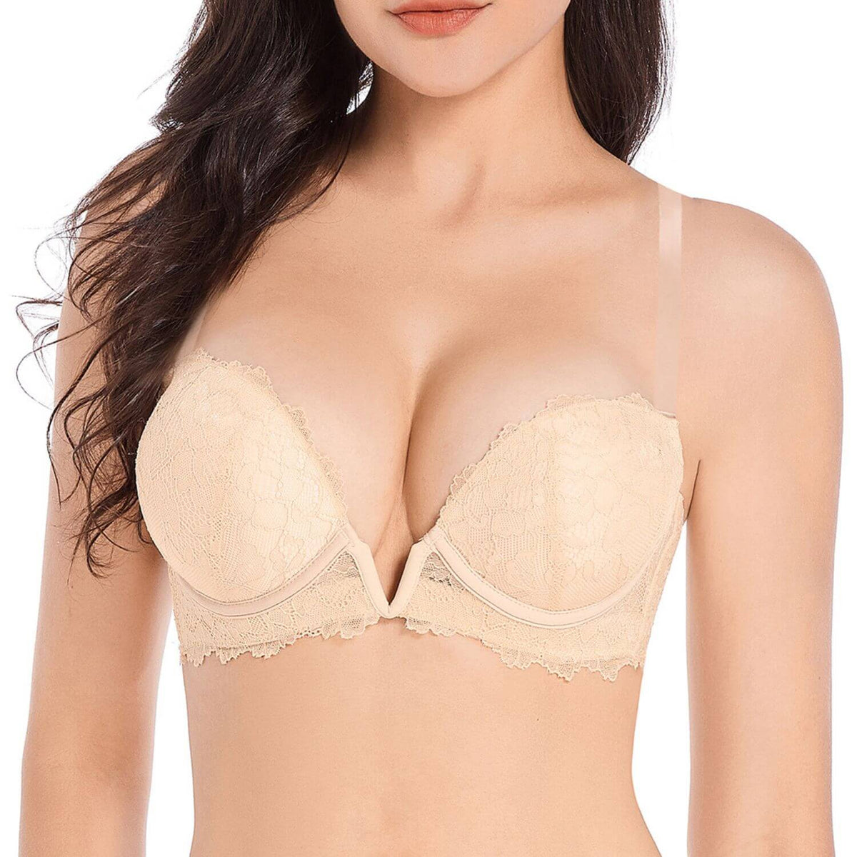 Deep V Plunge Push Up Padded Underwire Low Cut Bra with Clear Straps