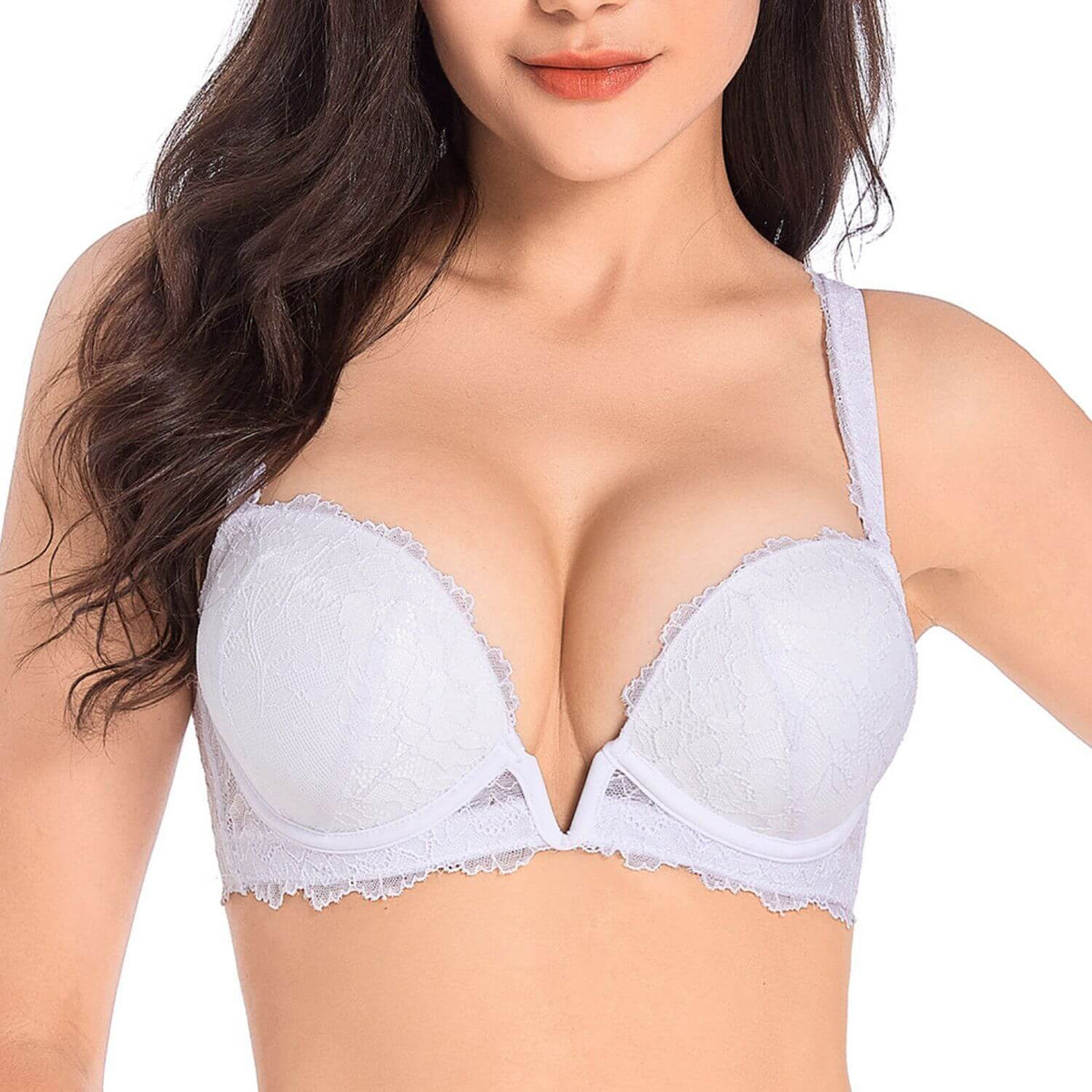 Womens Low Plunge Push Up Bra with Clear Straps Low Cut Convertible  Underwire Padded Cleavage Bra 