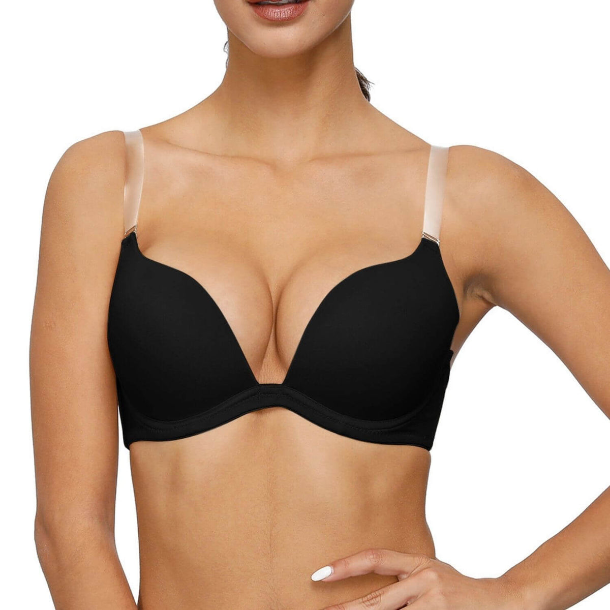 Fullness Deep Plunge V Shape Women's Push up Convertible V Bra, Size,  34D-Black 