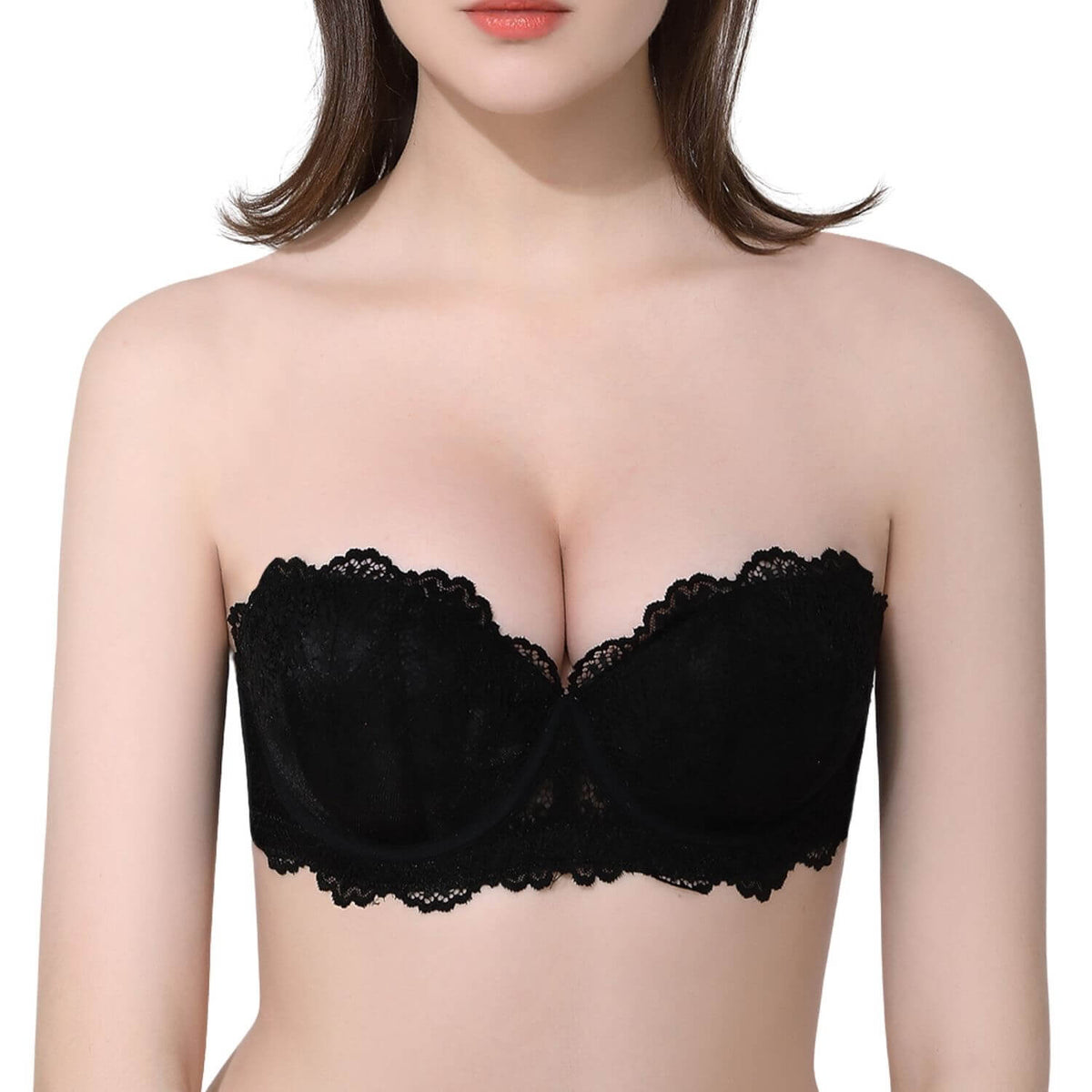 Pushlus Strapless Pushup Convertible Padded Lace Bra with Clear