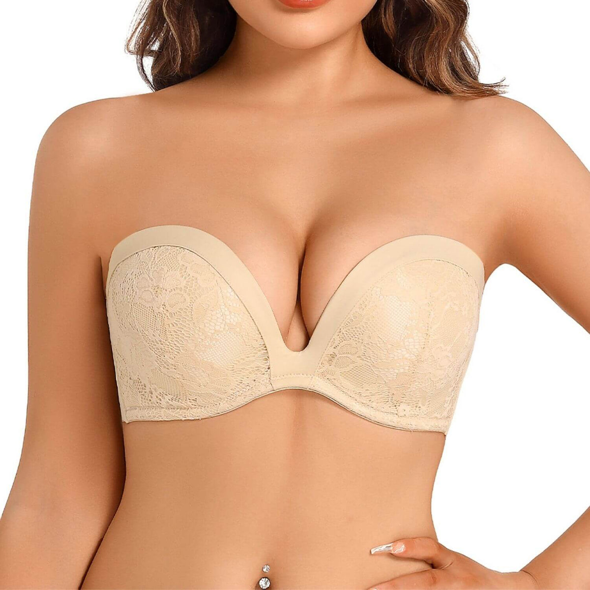 Strapless Backless Push Up Convertible Lace Bra with Clear Straps