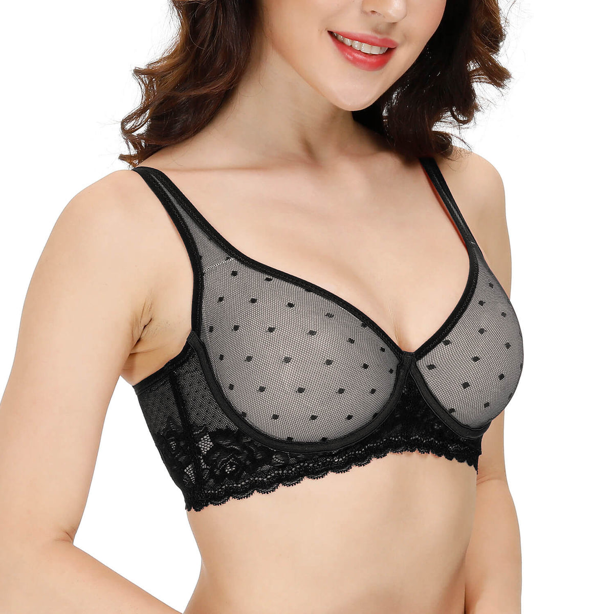 Unlined Sexy Sheer Mesh Lace Balconette Bra Plus Size