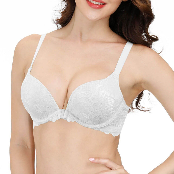 TOWED22 Plus Size Bras for Women,Women's Lace Back Push Up Bra Front  Closure T-Shirt Padded Bra Racerback Underwire White,40 