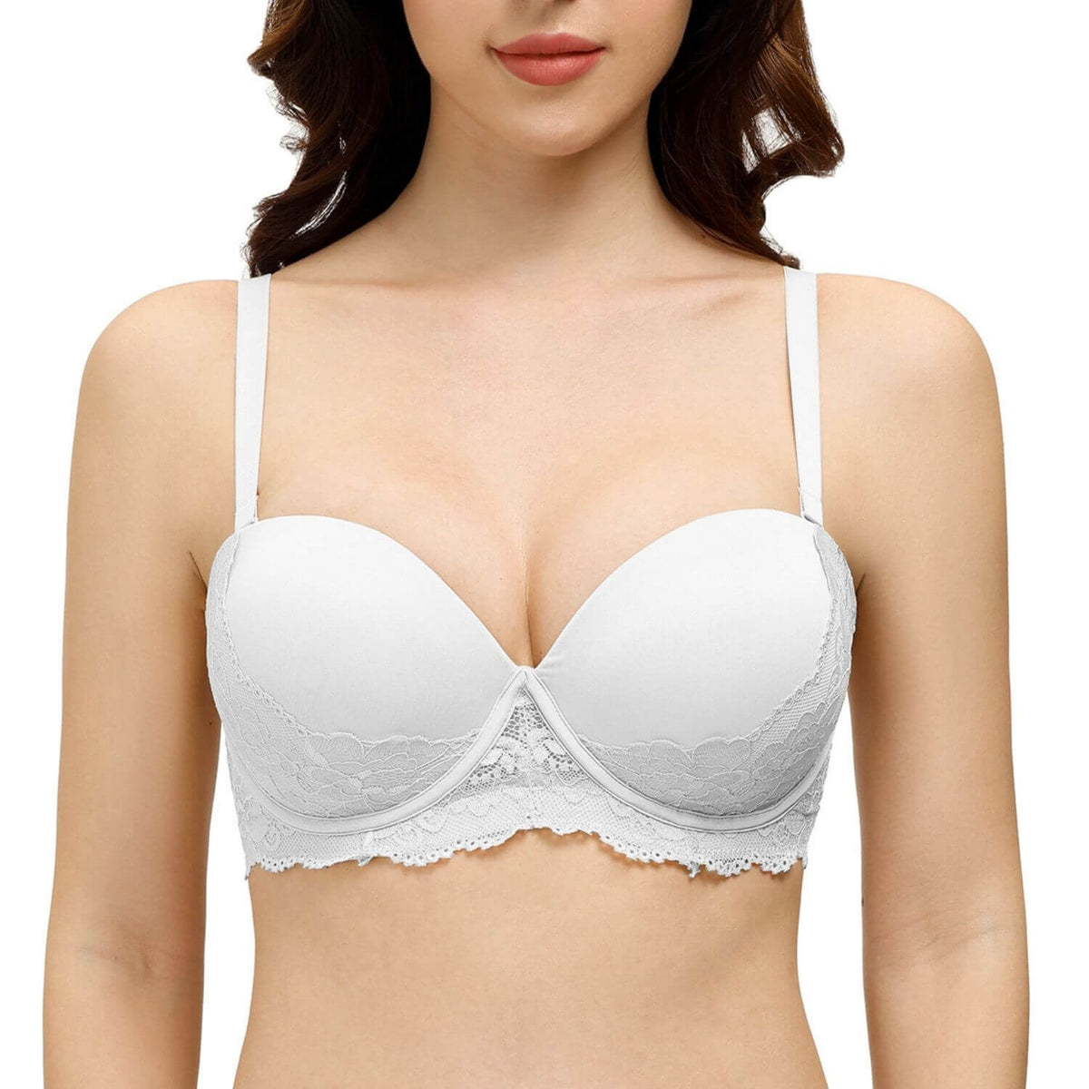 Deyllo Women's Push Up Strapless Bra Plus Size Lace Underwire Full Coverage  Multiway Invisible Bras,White 36DD 