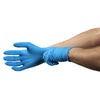 person pulling on blue nitrile gloves