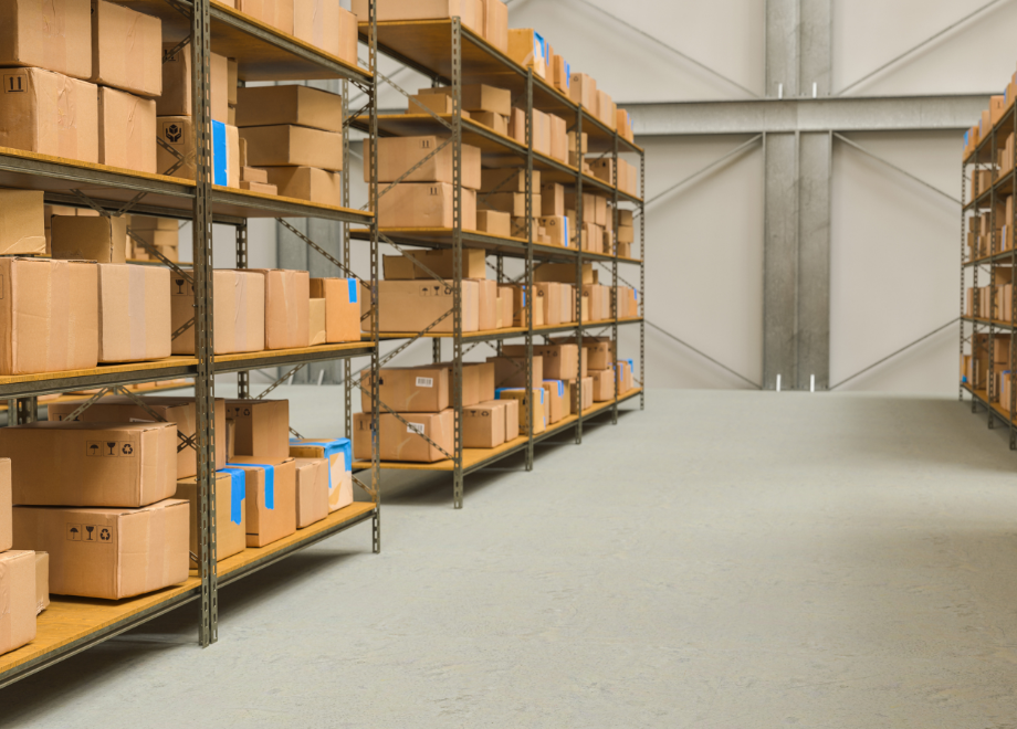 tall metal warehouse shelving filled with cardboard boxes of multiple sizes