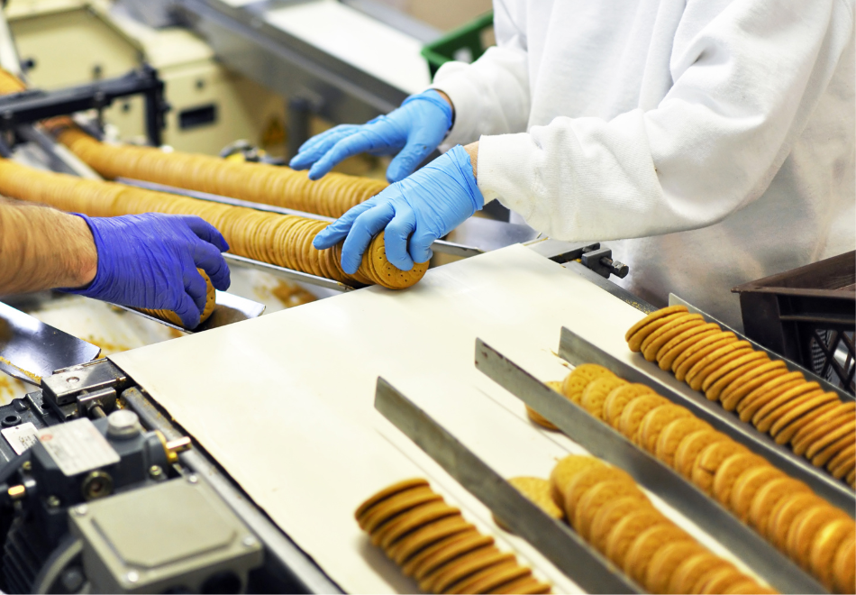 People wearing nitrile gloves and working in a cookie factory