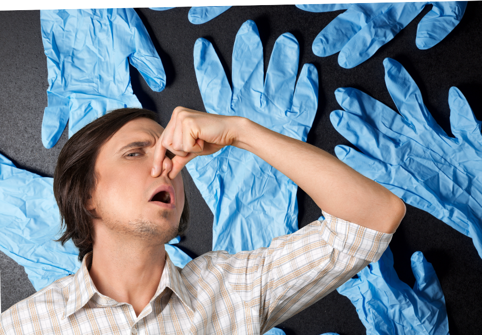 guy plugging his nose with blue nitrile gloves in the background