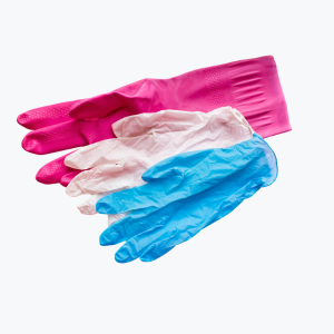 three different disposable gloves of various thicknesses