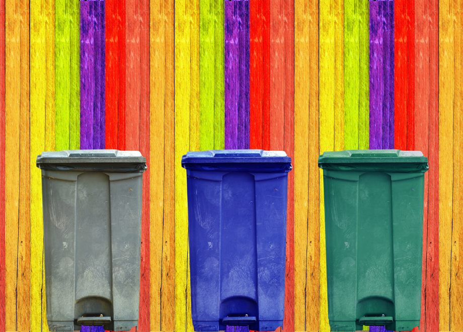 waste bin, recyclable bin and compost bin with colorful backdrop