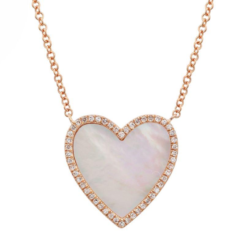 14K Gold Diamond Halo Large Mother of Pearl Heart Necklace