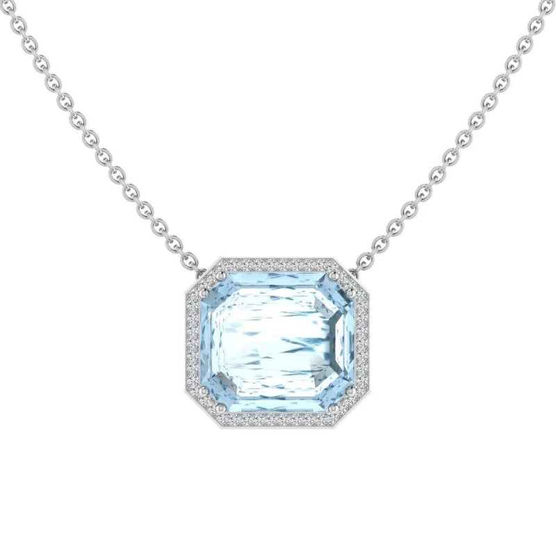 Aquamarine Emerald Cut Diamond Halo Pendant | TheNetJeweler