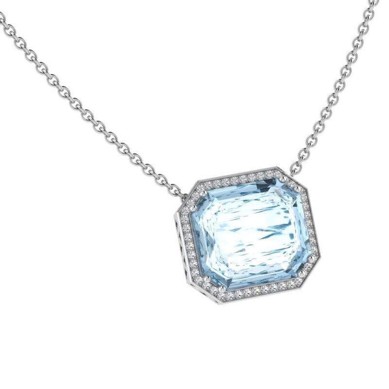 Aquamarine Emerald Cut Diamond Halo Pendant | TheNetJeweler