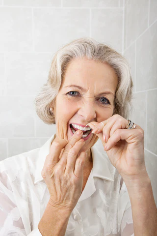 woman flossing her teeth