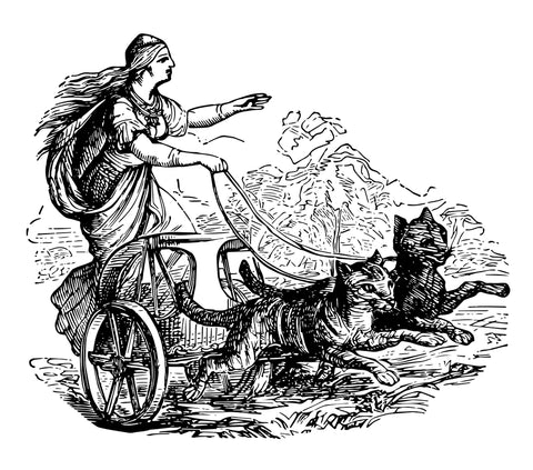 Norse Goddess Freyja with her chariot and Norwegian Forest Cats