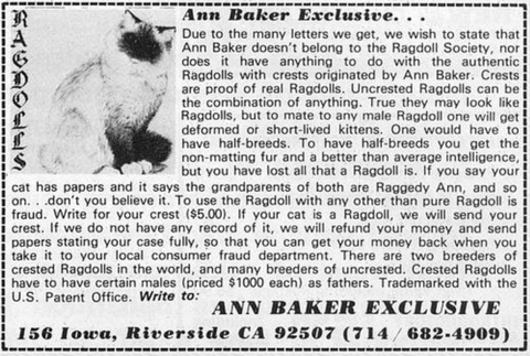 Ann Baker's ad in Cats Magazine about Fake Ragdolls