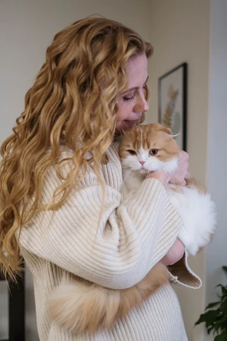 woman holding a large orange and white cat